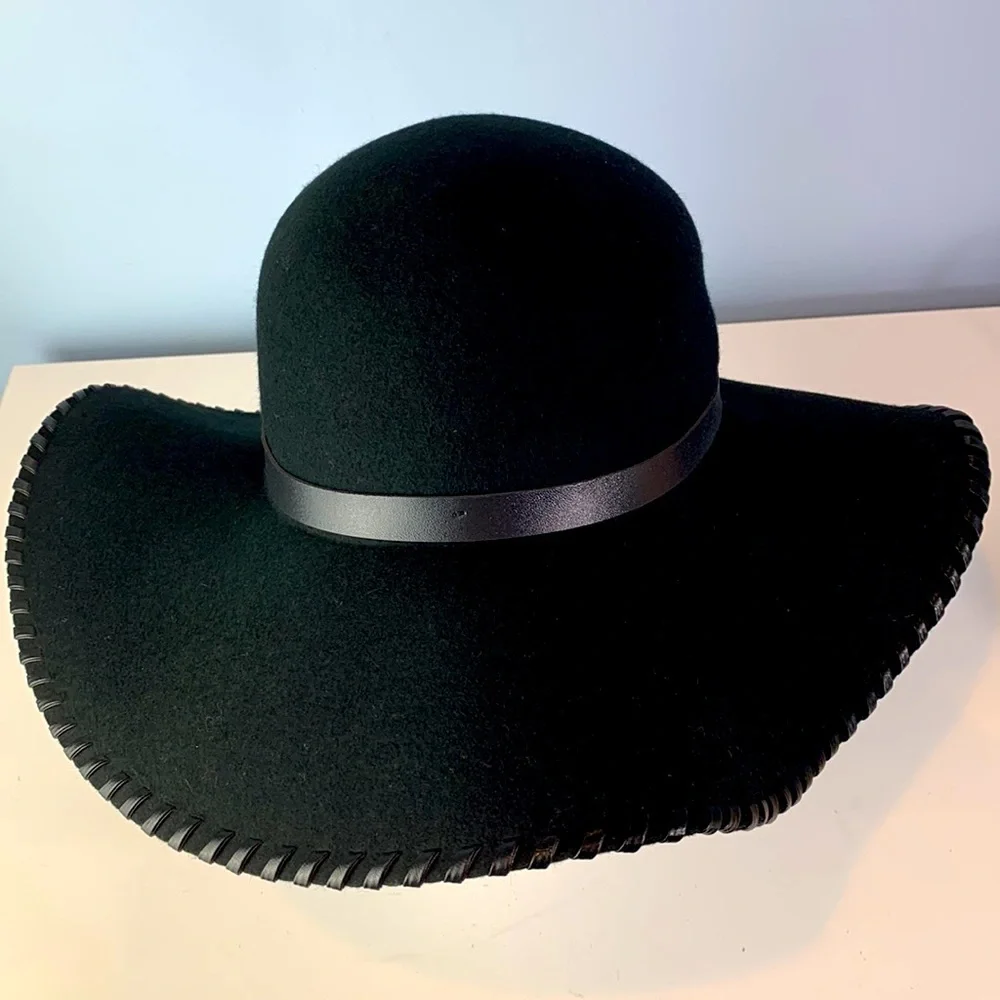 Melrose and Market Boho Wool Floppy Hat with Faux Leather Band and Trim NWOT